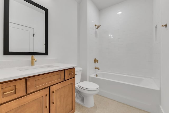 bathroom with washtub / shower combination, vanity, toilet, and tile patterned floors