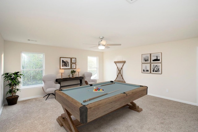 recreation room with ceiling fan, light carpet, and pool table