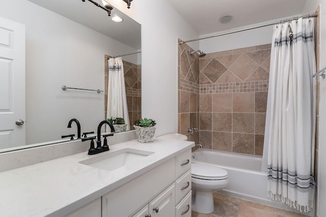 full bathroom with shower / bathtub combination with curtain, vanity, and toilet