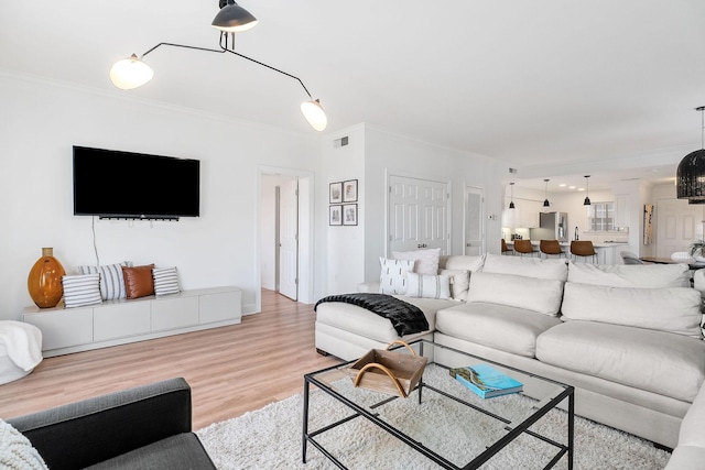 living room featuring ornamental molding and light hardwood / wood-style floors