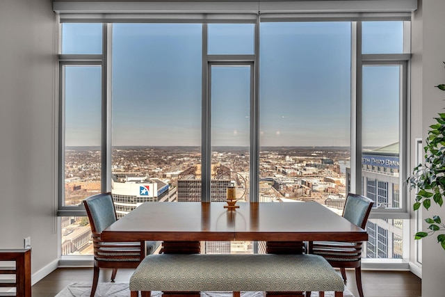 dining room with a view of city and wood finished floors