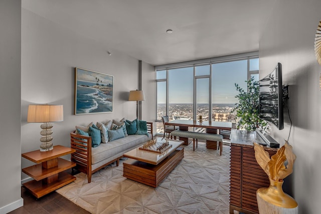 living room featuring a wall of windows and baseboards