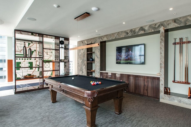 recreation room featuring billiards, recessed lighting, and carpet