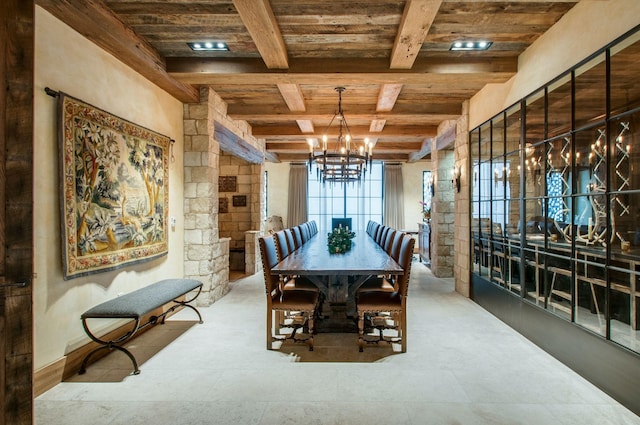 dining room featuring beamed ceiling, an inviting chandelier, and wooden ceiling