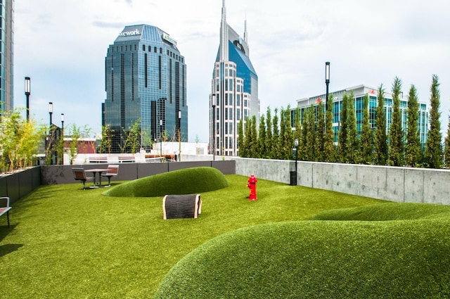 surrounding community featuring a view of city and a lawn