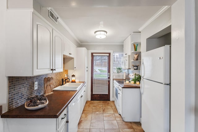 kitchen featuring white cabinetry, sink, white appliances, and ornamental molding