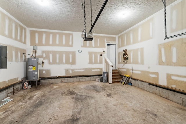 garage featuring a garage door opener, electric panel, and water heater