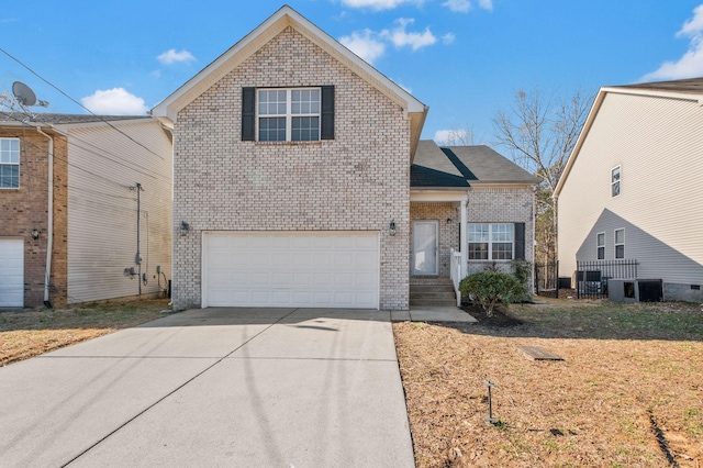 traditional-style home with an attached garage, central AC, concrete driveway, and brick siding