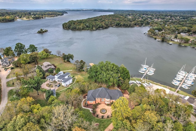 drone / aerial view with a water view