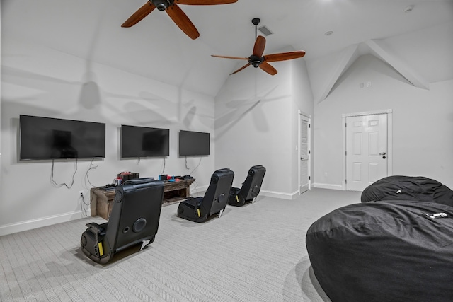 carpeted living room featuring vaulted ceiling