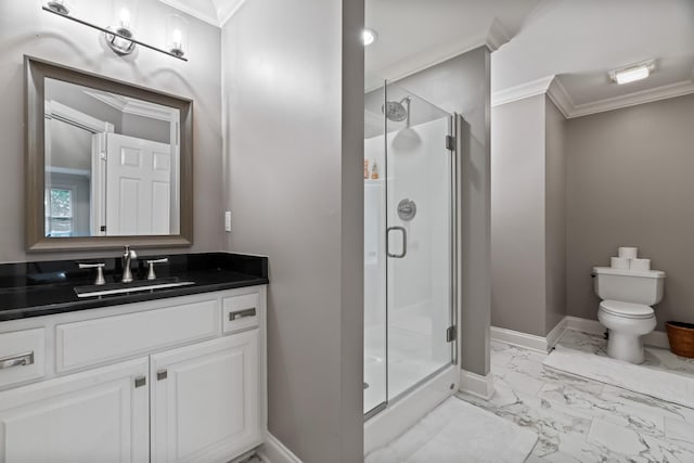 bathroom with an enclosed shower, vanity, crown molding, and toilet