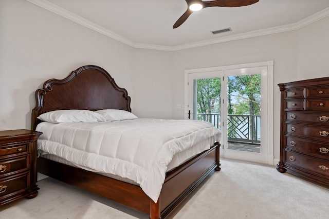 bedroom with ceiling fan, light colored carpet, ornamental molding, and access to exterior