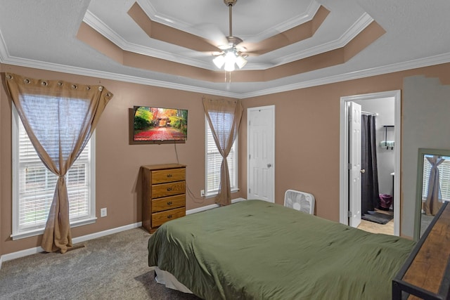 carpeted bedroom featuring a raised ceiling, ornamental molding, and multiple windows