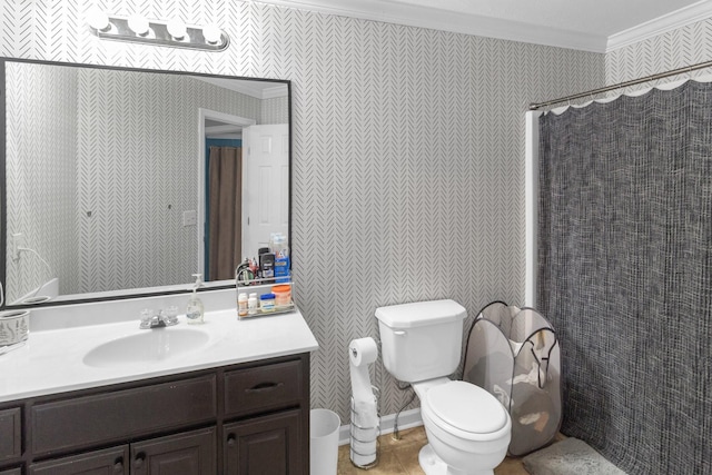 bathroom with curtained shower, vanity, toilet, crown molding, and tile patterned floors