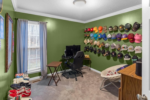 office featuring crown molding, carpet floors, and a textured ceiling