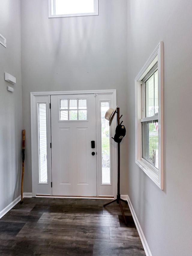 foyer entrance featuring dark wood-type flooring and a towering ceiling