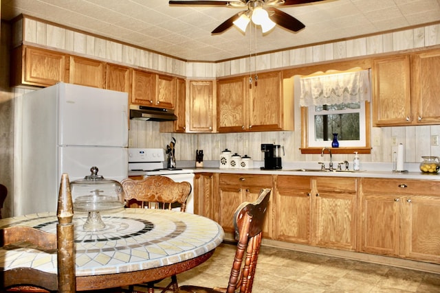 kitchen with sink, wood walls, white appliances, ornamental molding, and ceiling fan