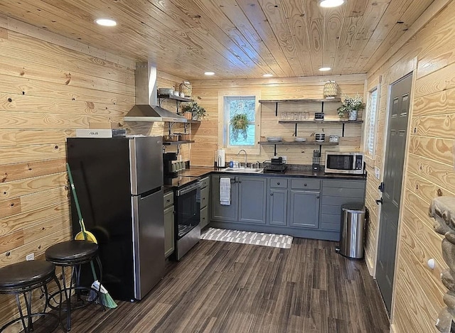 kitchen featuring sink, wood ceiling, ventilation hood, wooden walls, and stainless steel appliances