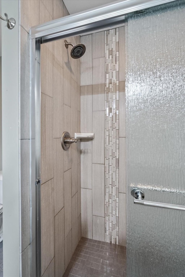 bathroom featuring a shower with shower door