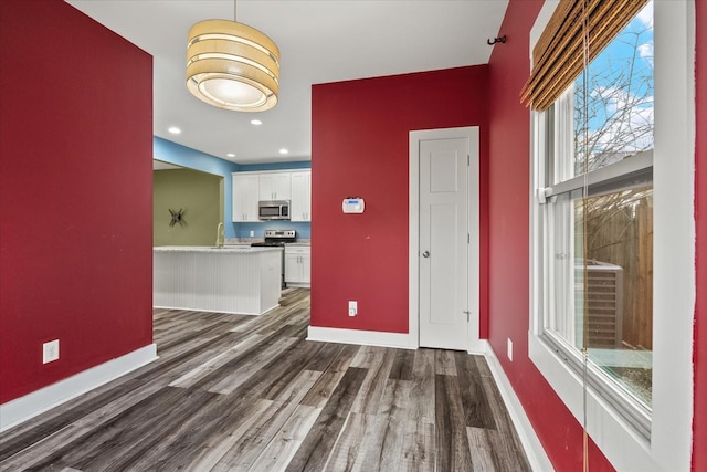 interior space featuring dark hardwood / wood-style flooring and sink