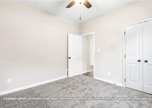 unfurnished bedroom with ceiling fan, carpet floors, and a closet