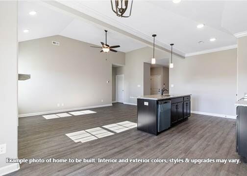 kitchen featuring pendant lighting, dark hardwood / wood-style flooring, ornamental molding, a kitchen island with sink, and stainless steel dishwasher