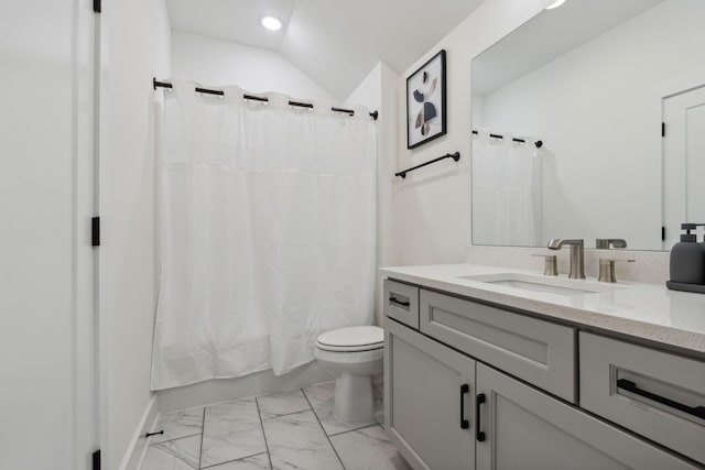 full bathroom featuring vanity, lofted ceiling, shower / bathtub combination with curtain, and toilet