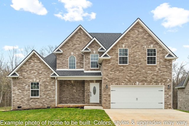 traditional home featuring concrete driveway, roof with shingles, brick siding, and an attached garage