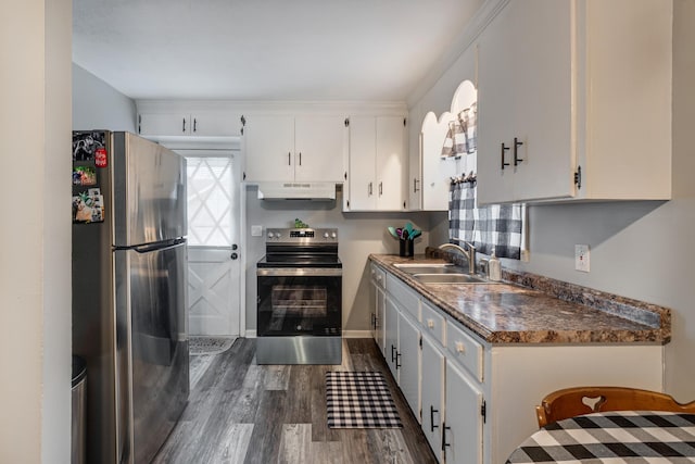 kitchen with white cabinetry, stainless steel appliances, dark hardwood / wood-style floors, and sink