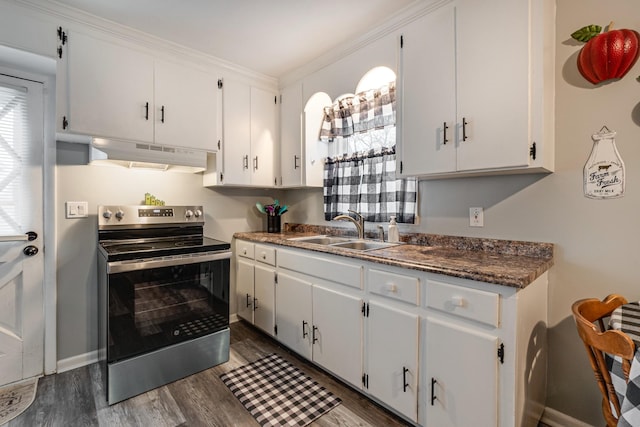 kitchen with white cabinetry, sink, stainless steel range with electric cooktop, plenty of natural light, and dark wood-type flooring