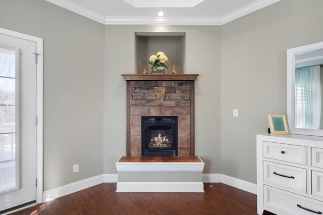 details featuring crown molding and dark hardwood / wood-style flooring