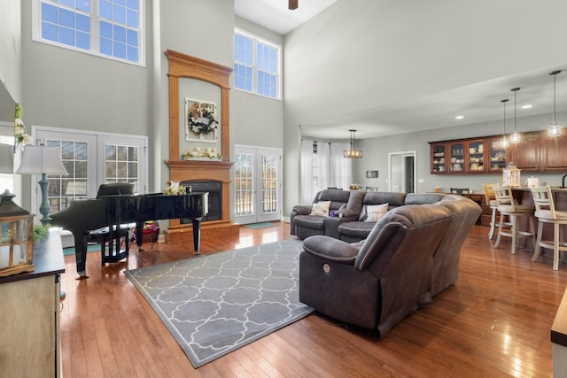 living room with wood-type flooring and french doors