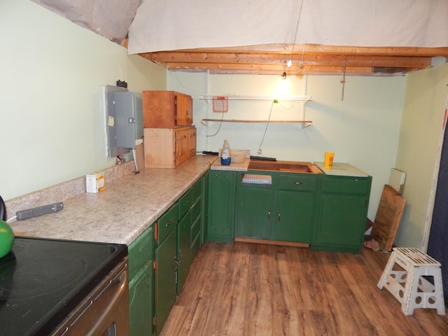 kitchen with electric range oven, electric panel, dark hardwood / wood-style floors, and green cabinetry