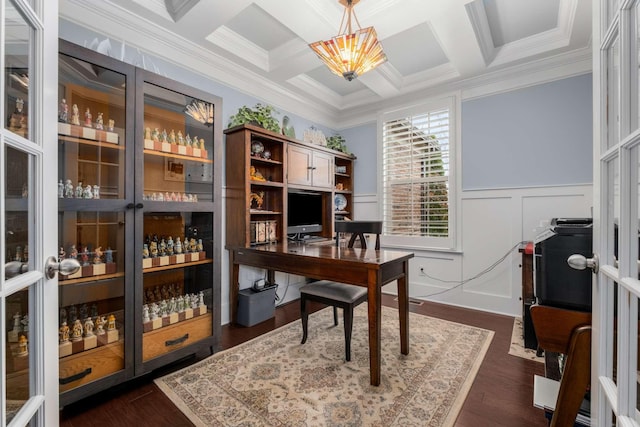 office space with coffered ceiling, dark wood-type flooring, crown molding, and beam ceiling