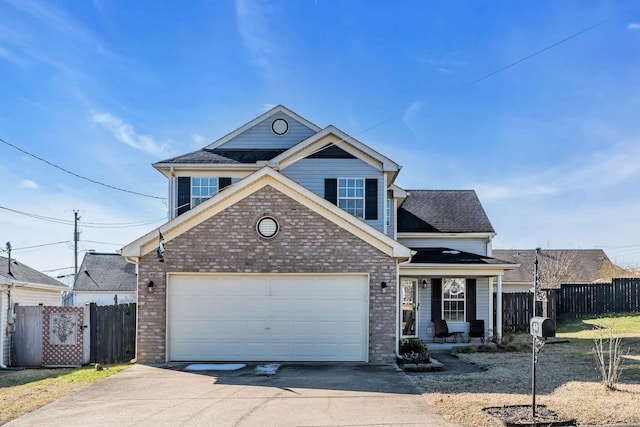 view of front facade featuring brick siding, a shingled roof, concrete driveway, an attached garage, and fence