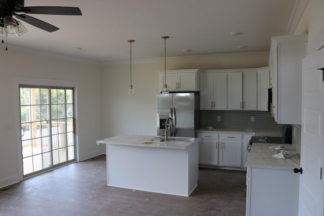 3 Charleston Cv, Clarksville, TN 37043 - kitchen featuring stainless steel fridge with ice dispenser, tasteful backsplash, ornamental molding, light countertops, and ceiling fan