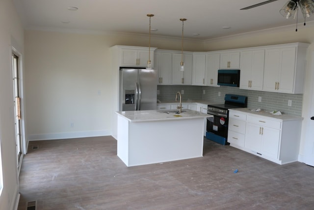 3 Charleston Cv, Clarksville, TN 37043 - kitchen featuring electric range, stainless steel fridge with ice dispenser, black microwave, a ceiling fan, and decorative backsplash