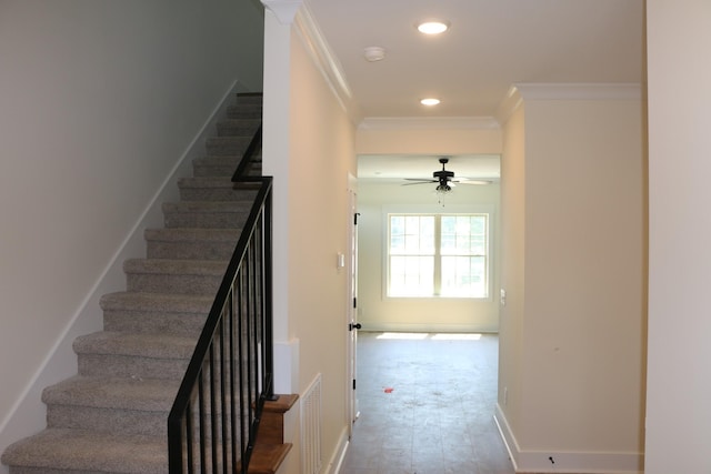 3 Charleston Cv, Clarksville, TN 37043 - stairway with ornamental molding, a ceiling fan, and recessed lighting