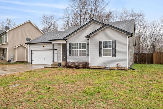 ranch-style house with a garage and a front lawn