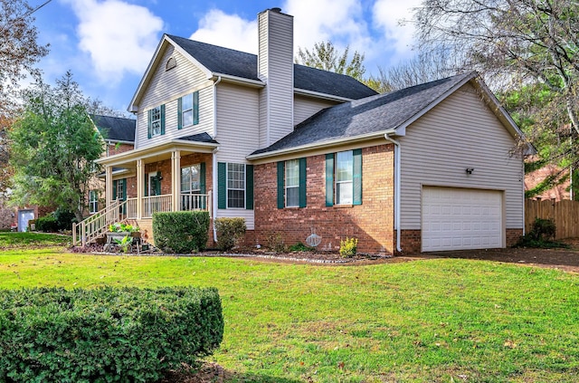 view of side of home with a porch, a yard, and a garage