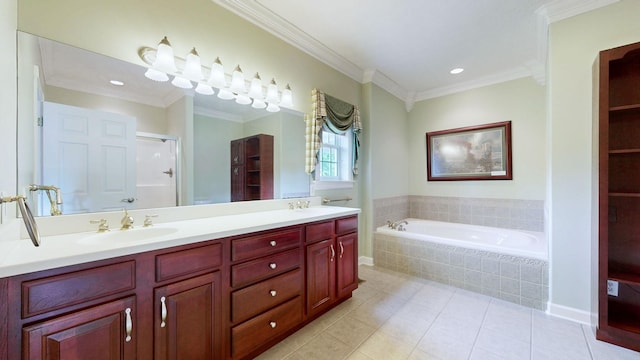 full bath featuring a sink, crown molding, double vanity, a garden tub, and tile patterned flooring