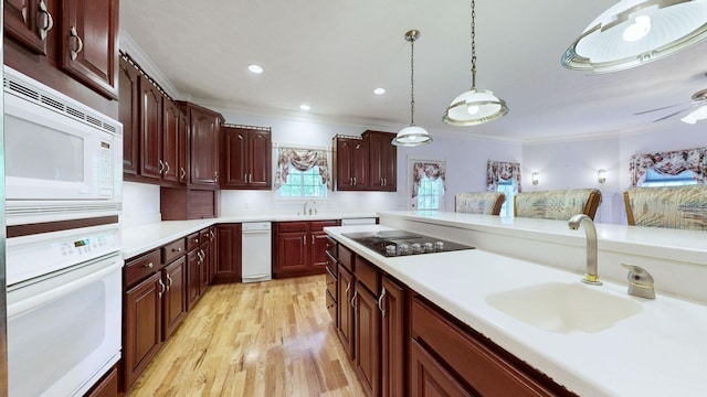 kitchen featuring white appliances, light wood-style floors, light countertops, a sink, and crown molding