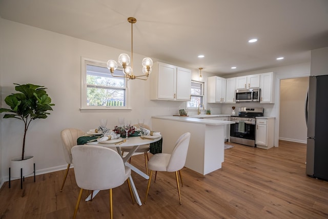 kitchen featuring appliances with stainless steel finishes, decorative light fixtures, kitchen peninsula, and white cabinets