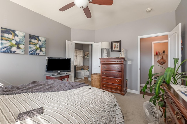 bedroom featuring light carpet and ceiling fan