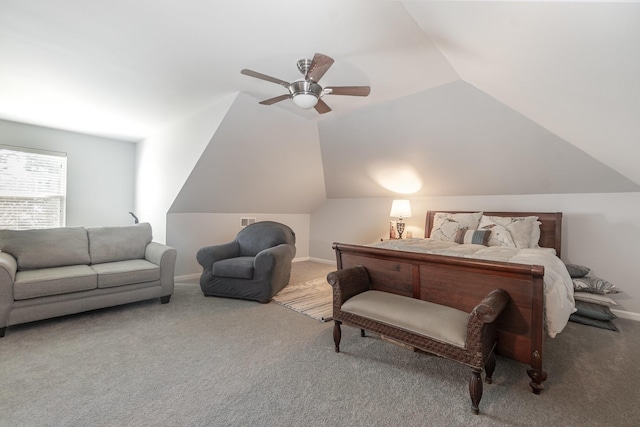 carpeted bedroom with lofted ceiling and ceiling fan