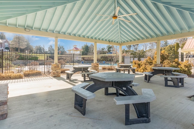 view of patio / terrace featuring a gazebo and ceiling fan