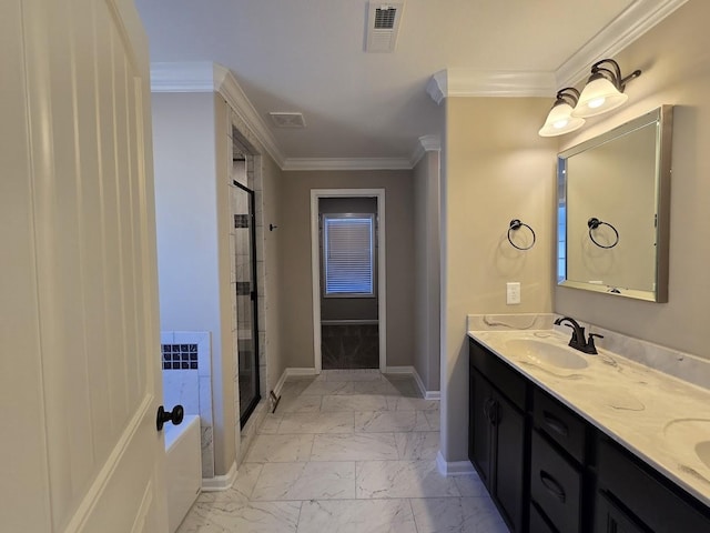 bathroom featuring ornamental molding, vanity, and a shower with shower door