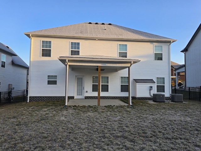 rear view of house featuring central AC, ceiling fan, and a patio area