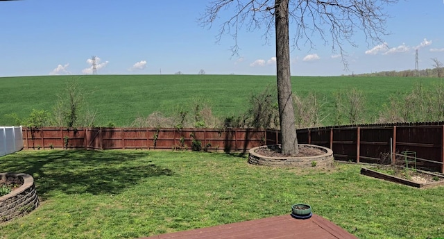 view of yard with a rural view, a garden, and a fenced backyard