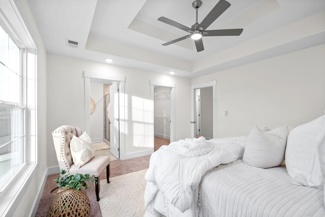 carpeted bedroom with ensuite bath, ceiling fan, a tray ceiling, a spacious closet, and a closet